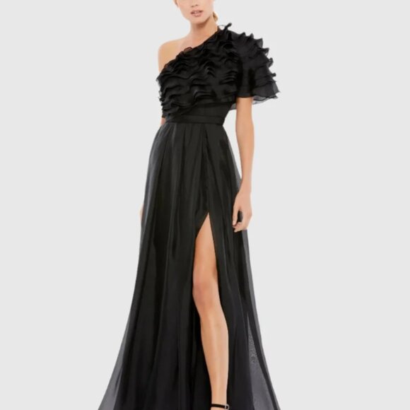 Ieena for Mac Duggal Ruffle Layered One Shoulder black Gown dress size 4 - Picture 3 of 4